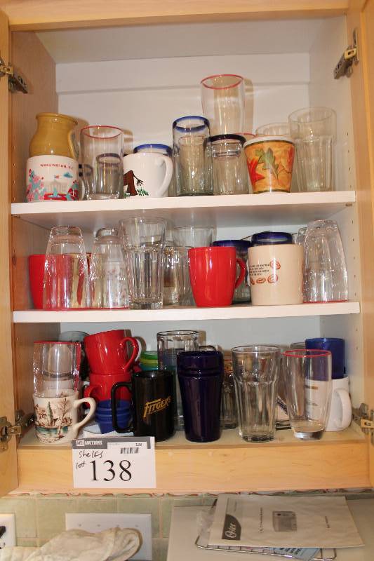 lot 138 image: Cabinet Lot Of Drinking Glasses, Mugs, Glass Ware.