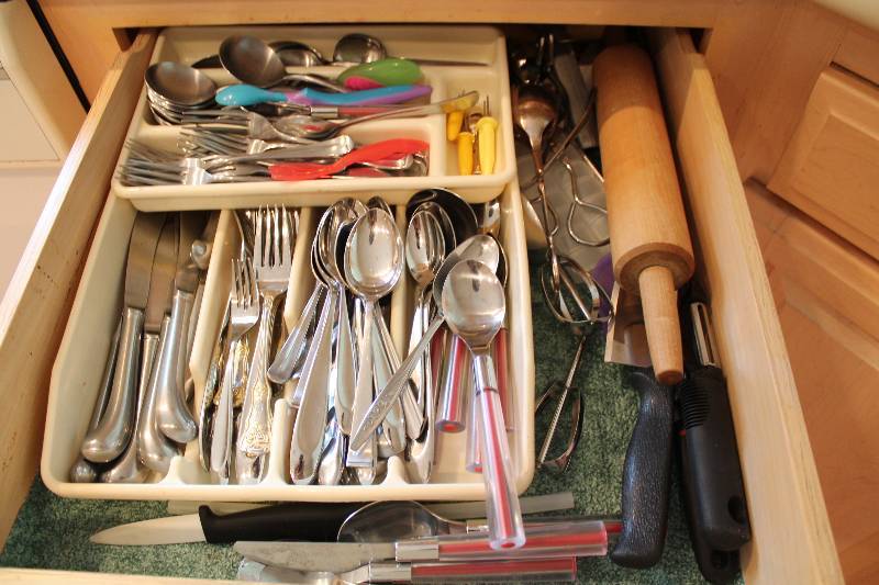lot 142 image: Drawer Lot of Metal Silver Ware & Silver Ware Organizer Wooden Rolling Pin.