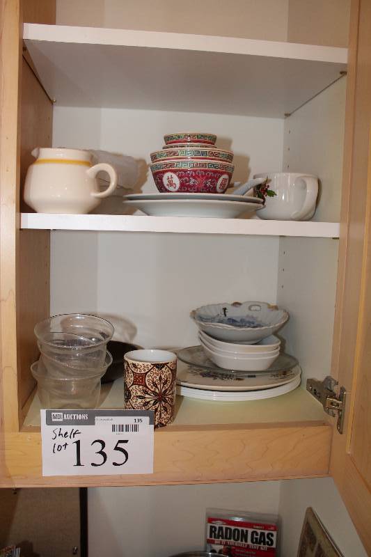 lot 135 image: Shlef Lot Including Collectible Dishware, Plates, Saucers, Cups, And More.