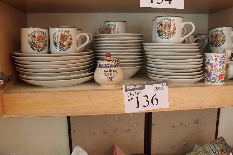 lot 136 image: Shlef Lot Including Collectible Dishware, Plates, Saucers, Cups, And More.