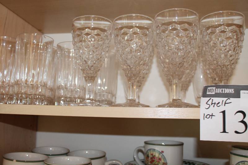 lot 134 image: Shelf Lot of Crystal Ware Including Tall Cups Drinking Glasses.