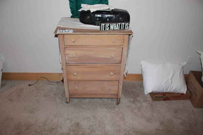 lot 155 image: Wooden Dresser w4 Drawers & Handles 18 X 28 x 36 Does Not Include Contents.