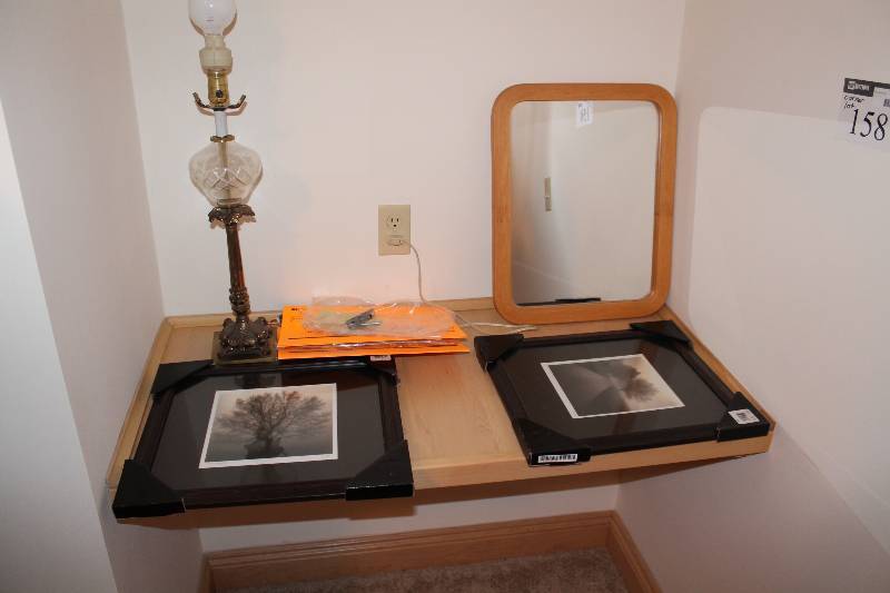 lot 158 image: Corner Lot Including Framed Picture Lamp wOut Fixture Wooden Mirror And More.
