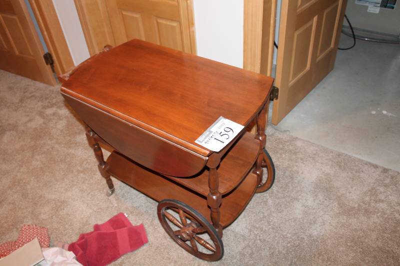 lot 159 image: Wooden Cart wWheels & Lower Shelves 34 x 19 x 28.