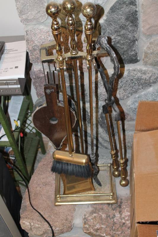 lot 163 image: Fireplace Lot Including Broom, Poker, Shovel, Stand, And More.