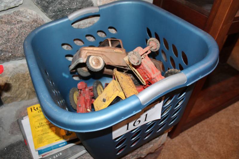 lot 161 image: Basket Lot Of Toys Including Tractor, Commercial Vehicle, Pick-Up Truck, And More.