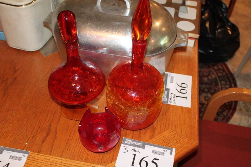 lot 165 image: Lot of (3) Red Crystal Glass Ware Decanters.