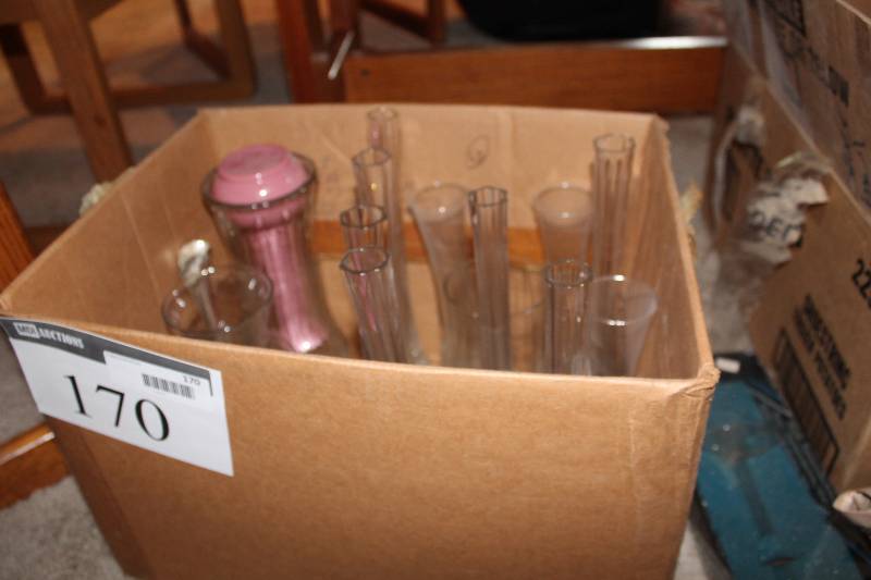 lot 170 image: Box Lot of Glass Ware Including Candle Holders, Vase, And More.