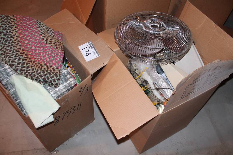 lot 174 image: Box Lot of (2) Including Circular Fan wMetal Housing Dual Head Electric Foot Massager Tin Foil Baking Trays And More.