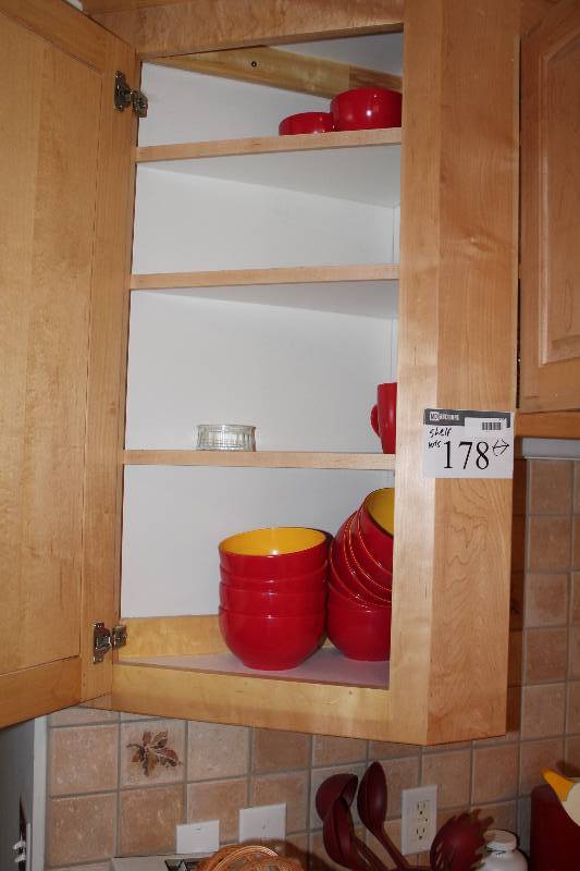 lot 178 image: Shelf Lot Including White Plates RedYellow Bowls And More.