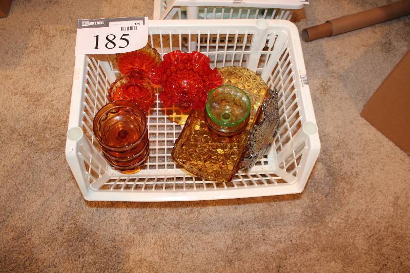 lot 185 image: Shelf Lot of Colored Glass Ware Small Cups Serving BowlAsh Tray.