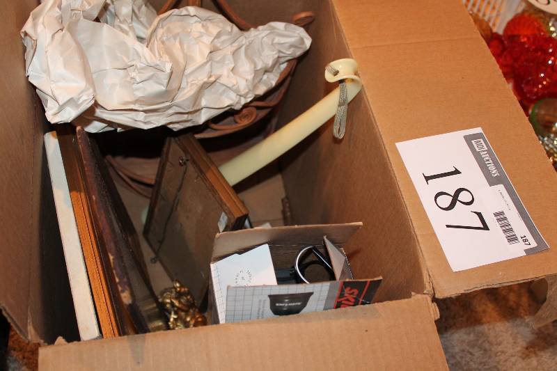 lot 187 image: Box Lot Including Shoe Tongue Skil Super Twist Cordless Screwdriver Wooden Framed Pictures And More.