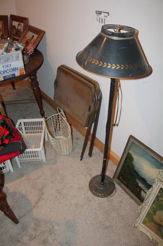 lot 181 image: Floor Lot Including Lamp wShade T.V. Food Tray Stands.