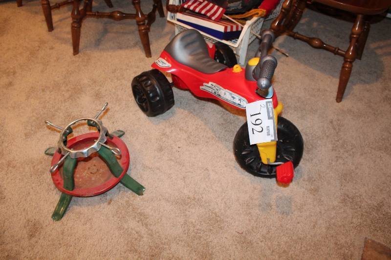 lot 192 image: Lot of(2) Including Christmas Tree Stand, Metal Kids Toy Bicycle wPlastic Wheels & Front Pedals.