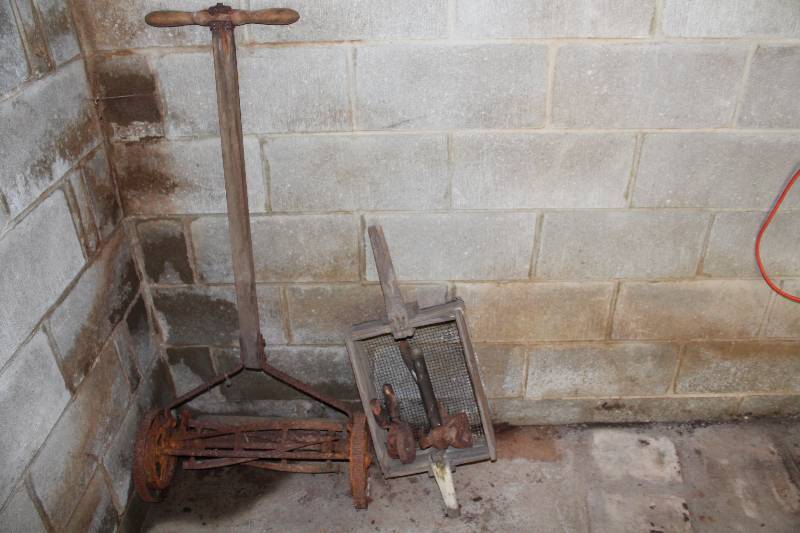 lot 203 image: Corner Lot Including Push Mower wBlade & Wooden Handle Metal Hardware Sifter wWood Frame & Handles.