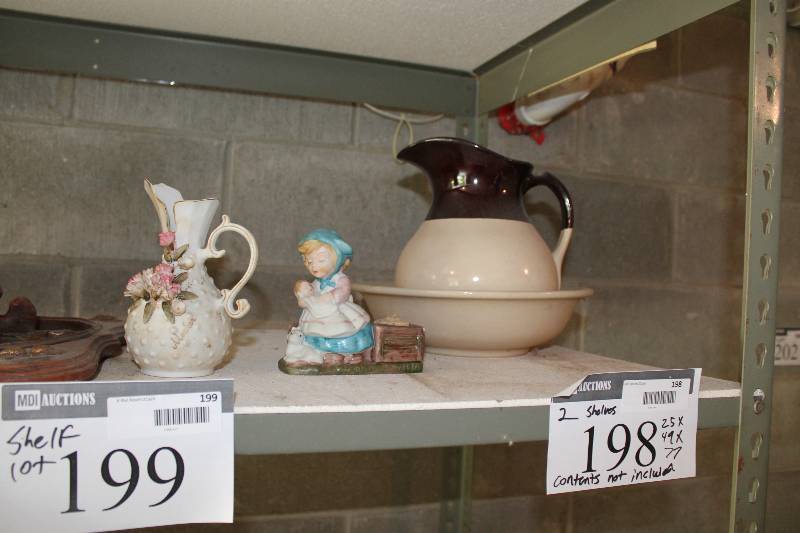 lot 199 image: Shelf Lot Including Decorative Pitcher Metal Tin wHandle Ornamental Figurine And More.