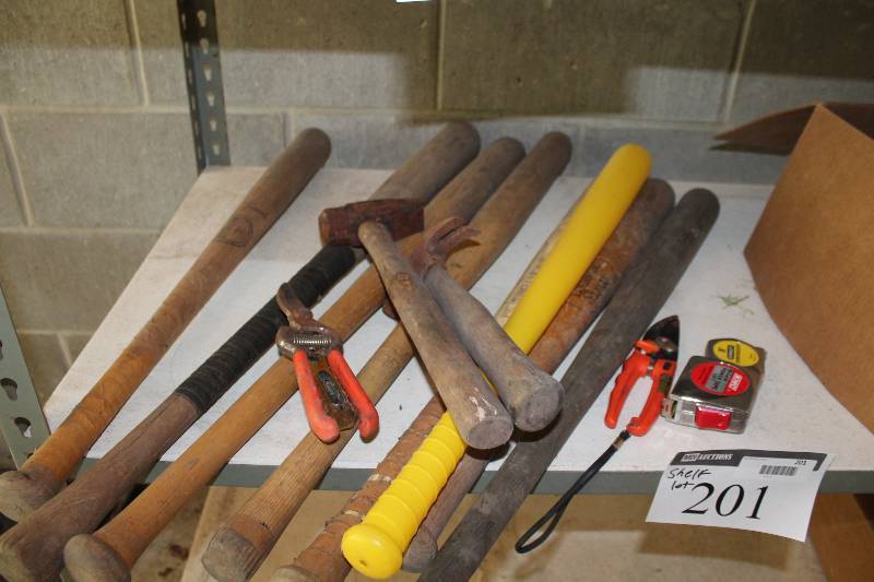 lot 200 image: Shelf Lot Including Wooden Baseball Bats Hammer Scissors And More.