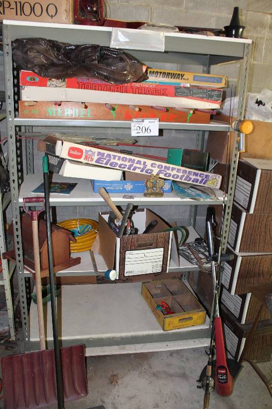 lot 206 image: Contents of Shelf Including National Electric Football Game Torture Track Game Box of Tools And More.