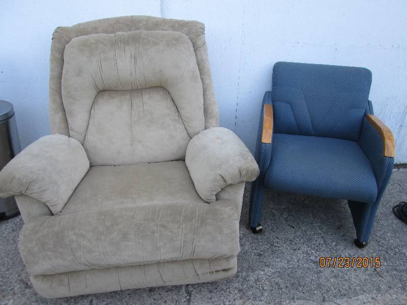 2 chairs, tan recliner, blue chair...