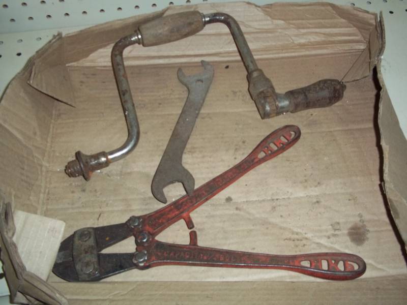 lot 170 image: Bolt cutter, hand drill and wrench