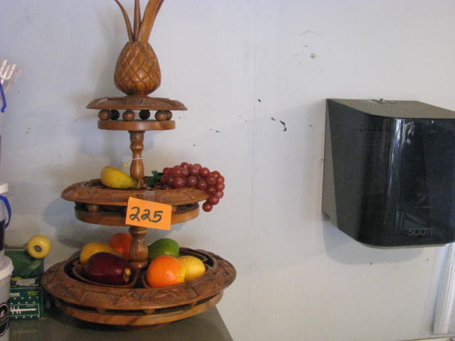 three tiered wooden fruit display