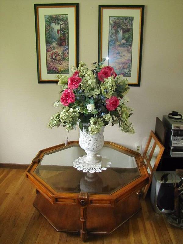 Coffee Table, Framed Art & Flowers