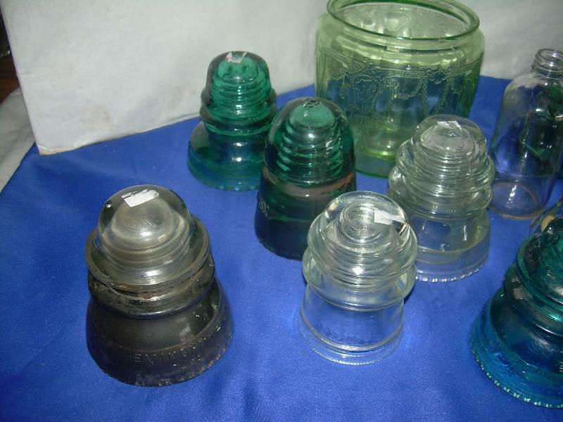set of 10 Glass insulaters, 1 jade green bowl and 2 vintage bottles