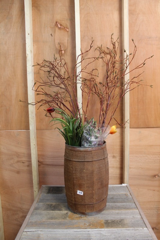 lot 56 image: Wood Barrel with Decorative Flowers and Branches