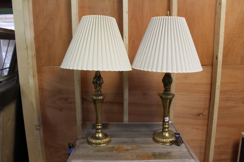 lot 66 image: Pair of Vintage Brass Lamps with Shades
