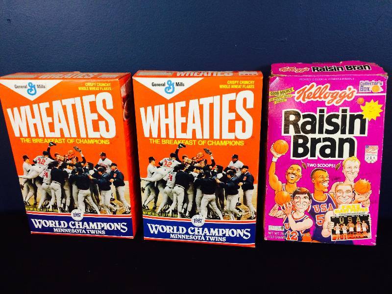 lot 51 image: (2) 1987 Twins Wheaties Boxes and a Dream Team USA Raisin Bran Box