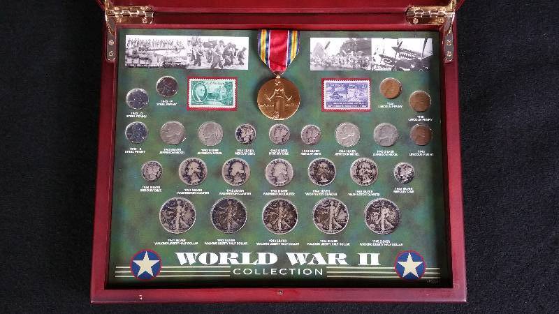 lot 170 image: Set of World War II Silver Coins, Stamps, and a Medal