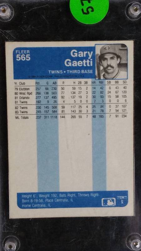 lot 57 image: 1984 Fleer Autographed Gary Gaetti Baseball Card