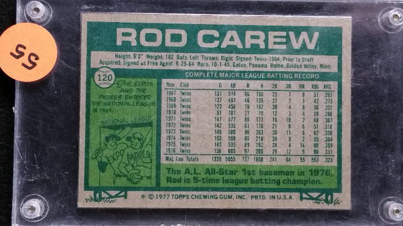 lot 55 image: 1977 Topps Rod Carew Baseball Card