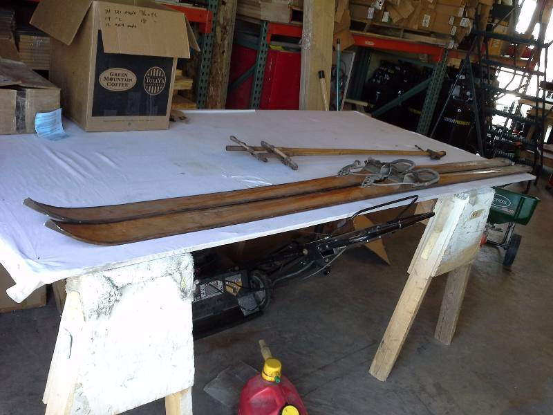 lot 33 image: Antique 96 Wood Skis with Bamboo Poles