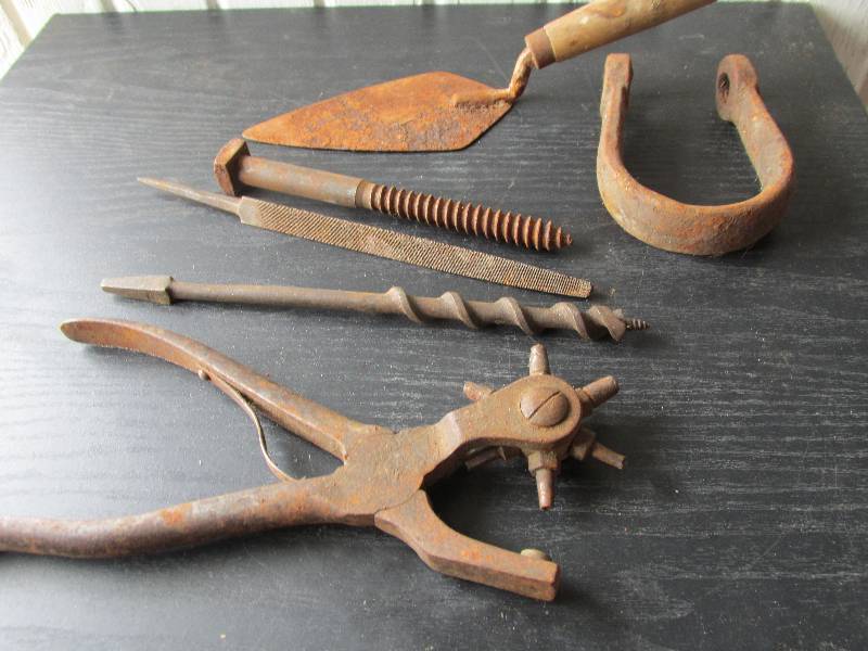 Vintage draw knife, antique leather...