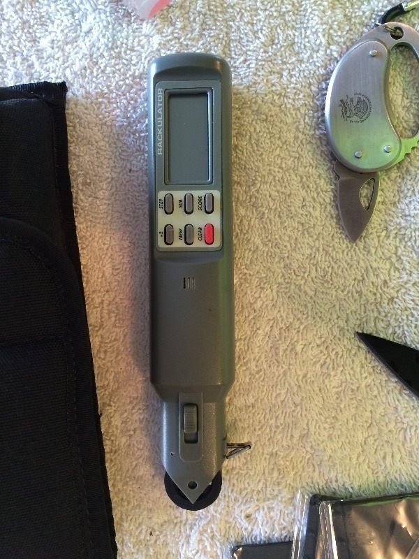 Misc Lot of items including Digital Rackulator for measuring horns and antlers, knifes, Credit Card knives