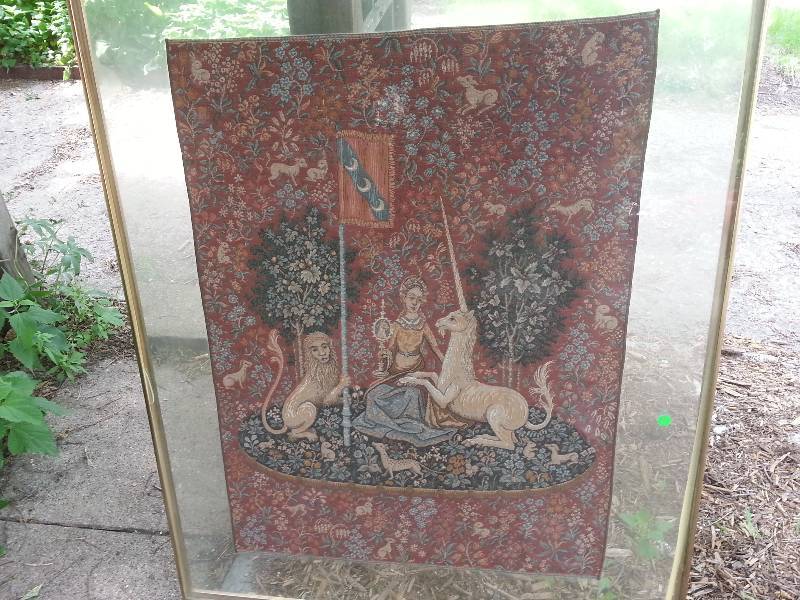 lot 1 image: Vintage Hand-Sewn Unicorn Tapestry