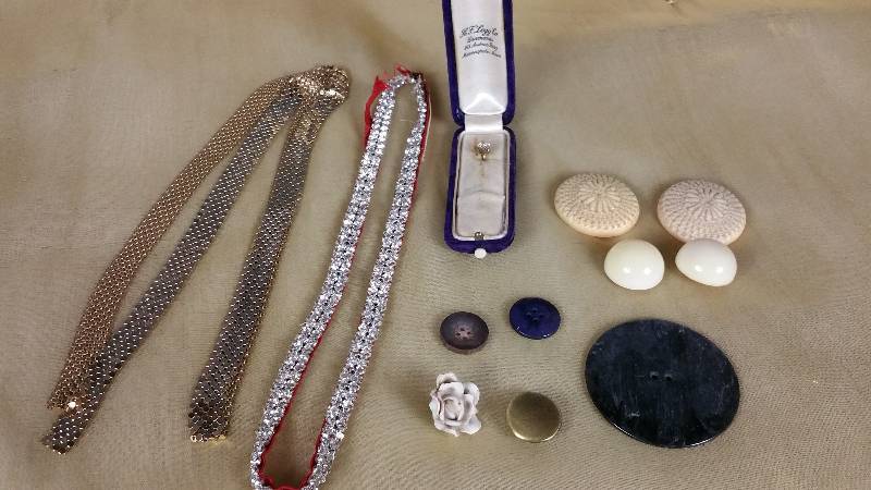 lot 115 image: Vintage Possible Diamond Solitaire Hat Pin, Golden Scale Belt, Buttons, More