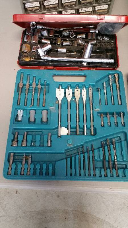 lot 17 image: Group of Shop Tools, Including Tool Boxes, Nuts & Bolts Assortment, Drill Bits, Etc.