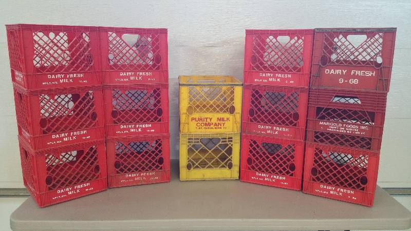 lot 19 image: (14) Assorted Milk Crates, Dairy Fresh, Marigold, Purity, Etc
