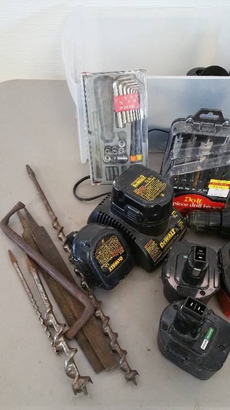 lot 20 image: Group of Garage Tools, Including Dewalt, Cordless Drill, Sockets, Etc.