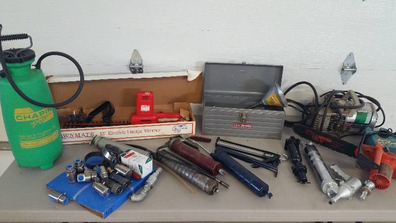 lot 25 image: Group of Garage Items, Including Hedge Trimmer, Chain Saw, Hydraulic Fittings, Grease Guns, Etc