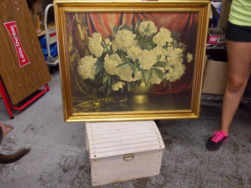 Framed Floral Picture and Wood Chest