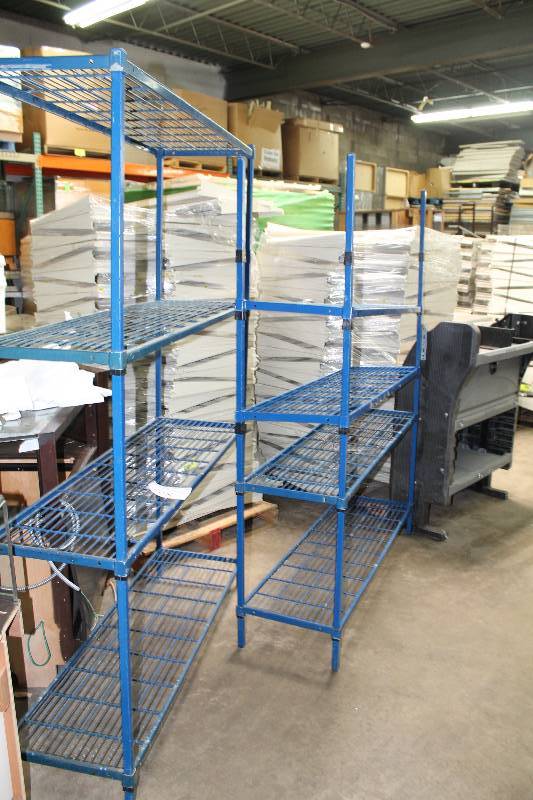 Lot of (2) Metal Shelving Units wWire Grate Shelves Blue 18 x 60 x 80 18 x 60 x 83.5.