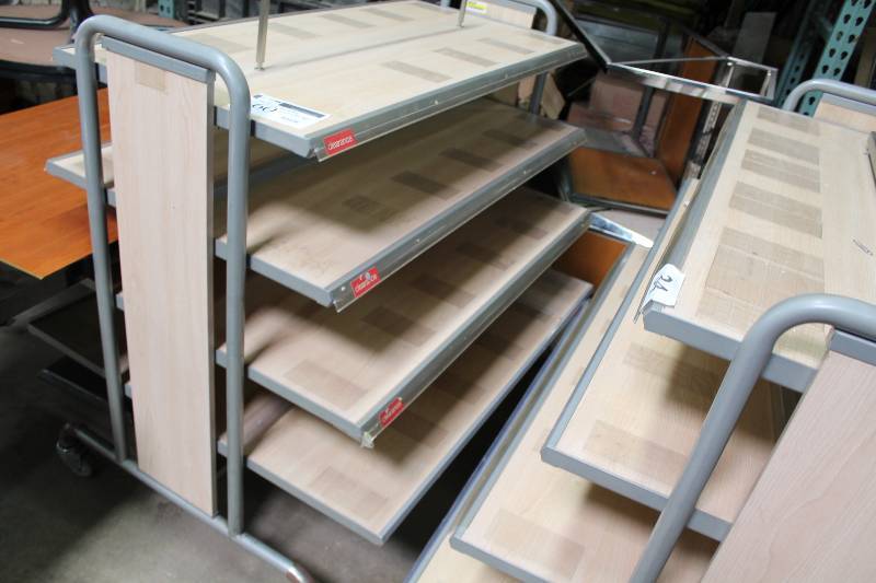 Clothing Display Rack wWheels & Multiple Shelves 2 Sided x 4 Tiered Shelves Metal & Wood-Style Construction 50 x 43 x 48.