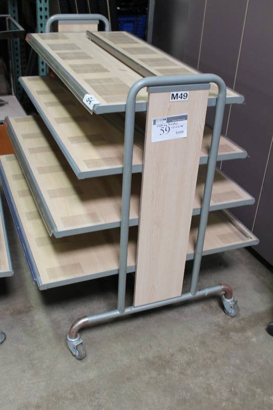 Clothing Display Rack wWheels & Multiple Shelves 2 Sided x 4 Tiered Shelves Metal & Wood-Style Construction 50 x 43 x 48.