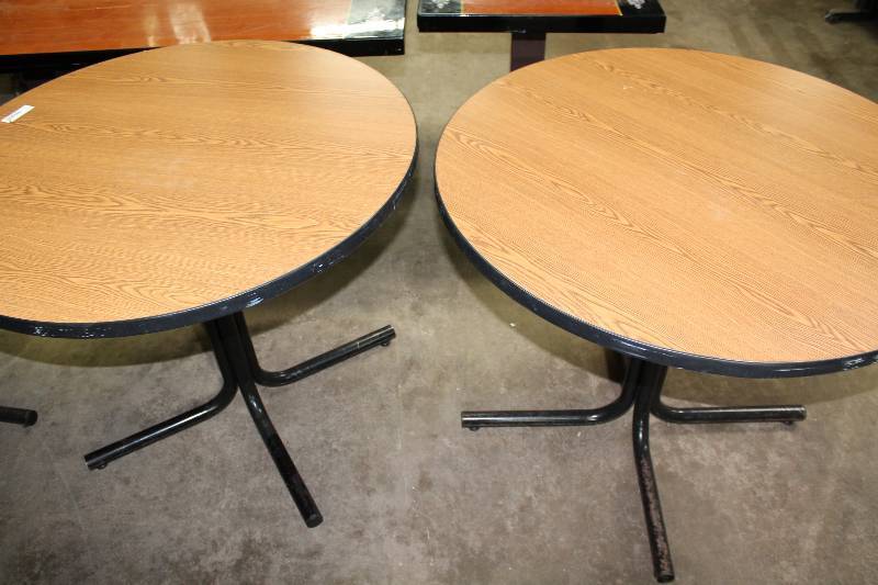 Lot of (2) Circular Wood-Style Tables wMetal Frames 36 x 36 x 30.