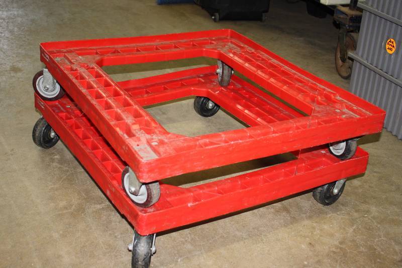 Lot of (2) Red Plastic Dollys wWheels 26 x 29 x 6.