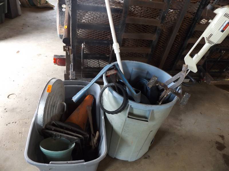Assortment including Weed Whacker, Orange Cones, Tire Pump