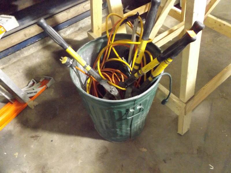 Green Metal Garbage Can, Extension Cords, Large Loppers